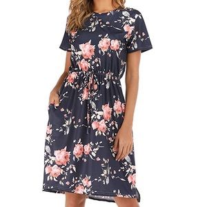 Navy Floral Cinched Waist Short Sleeve Dress